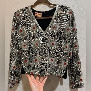 Vintage Silk Beaded Art Deco Sequin Crop Top Blouse Size Small